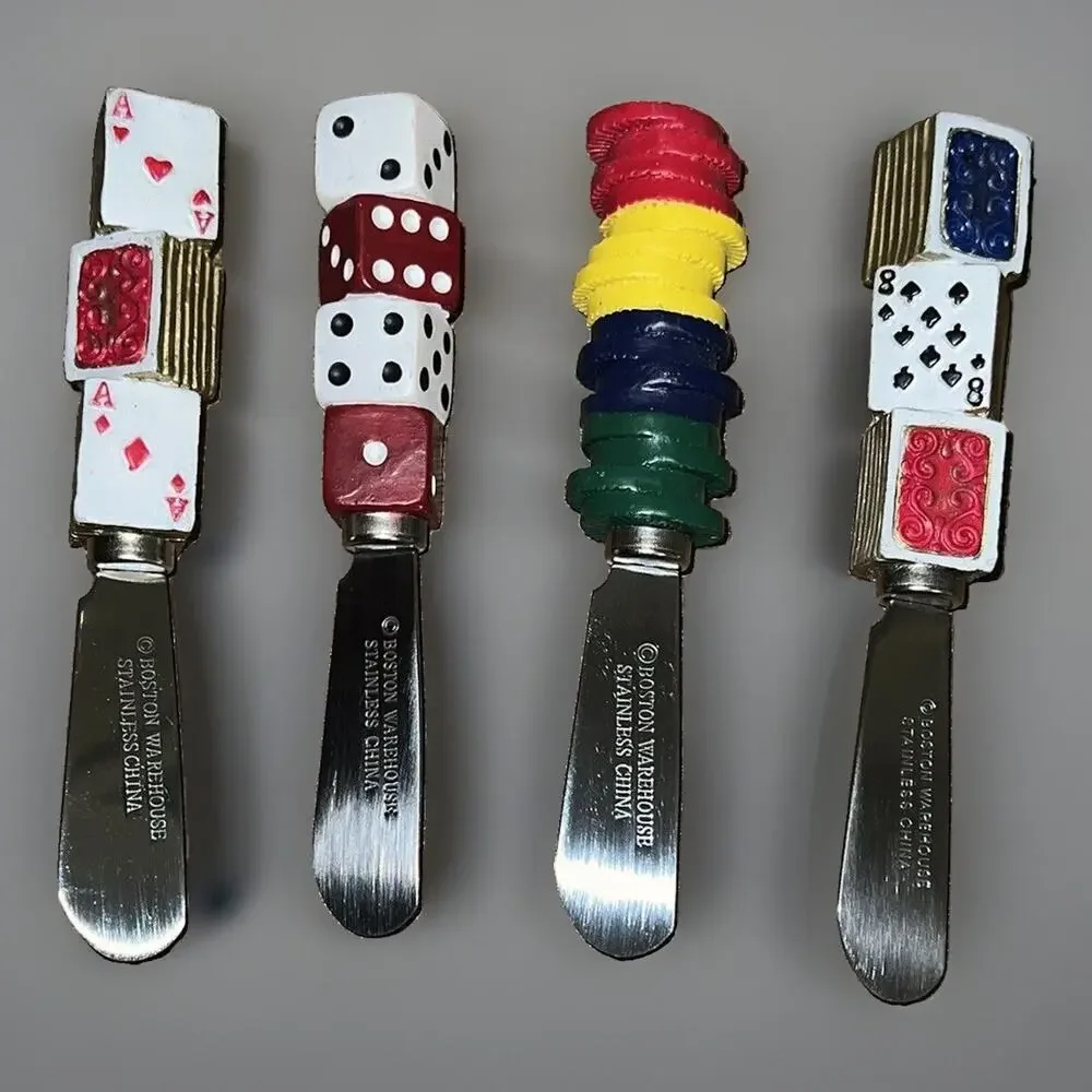 Boston Warehouse Casino Cards Dice Chips 4 Cheese Spreaders Stainless Party Fun